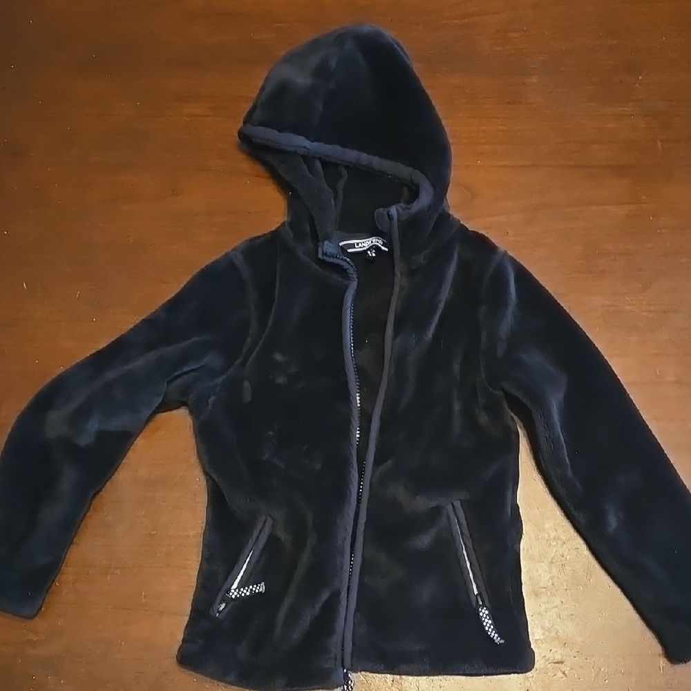 Lands' End Black Fuzzy Jacket with Cozy Hood